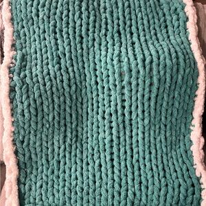 Cozy Teal Knit Blanket with White Trim
